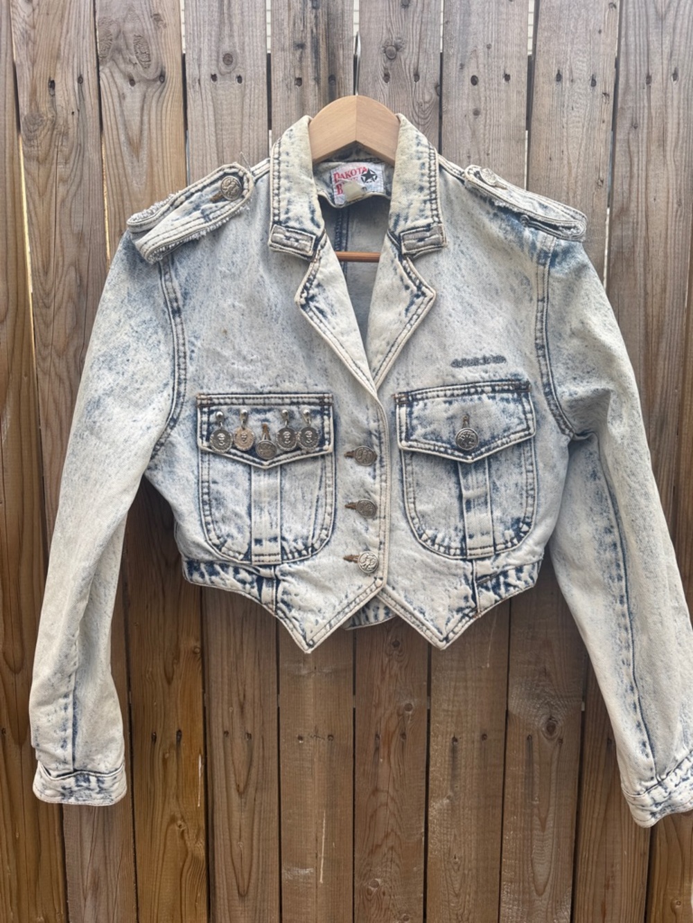 Vintage Dakota blue Acid Wash Cropped Denim Military Jacket